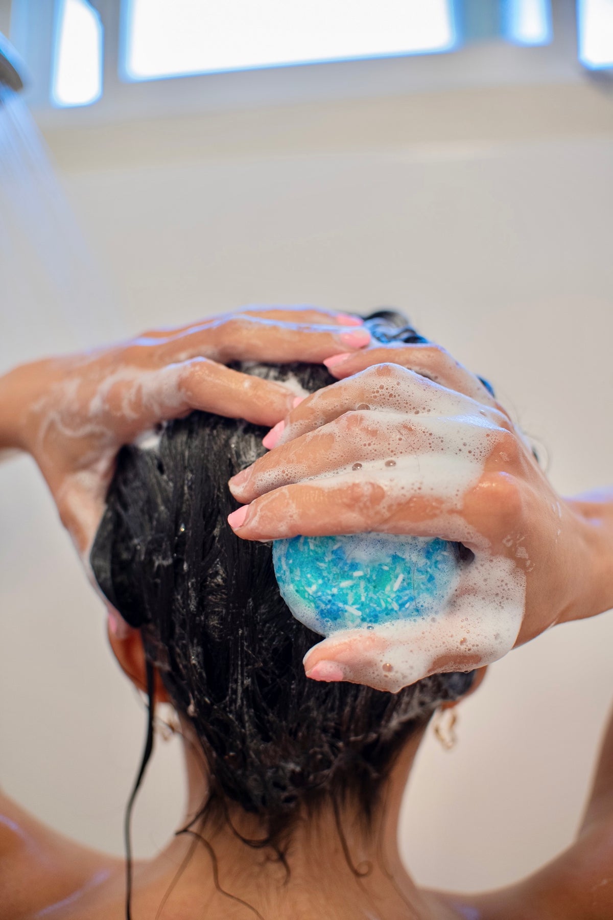 Lather bar in your hands or hair