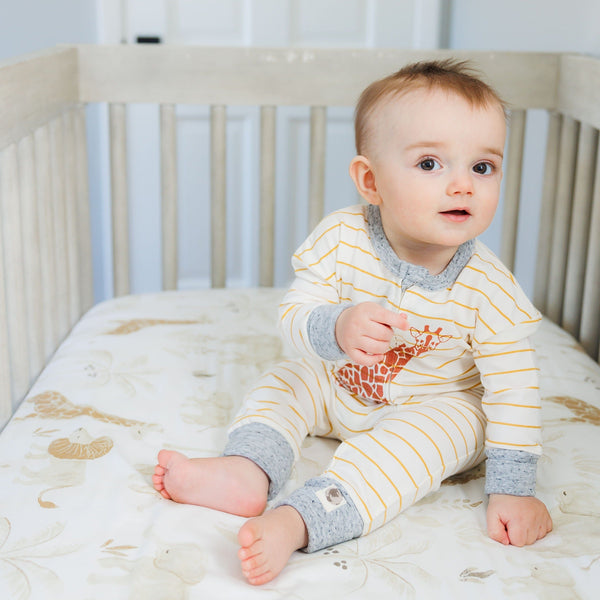 Giraffe Baby Coverall – Mustard Stripe with Heather Grey Sleeves, Non-Footed