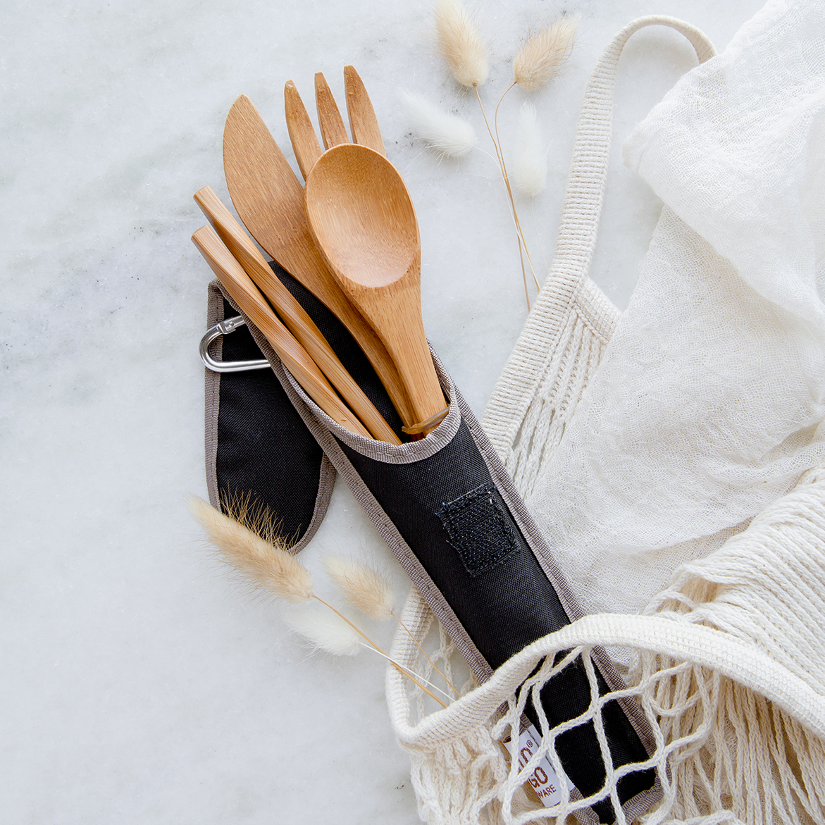 Bamboo Utensil Set- Adult Bamboo fork, knife, spoon, and chopstick set in a black sleeve.